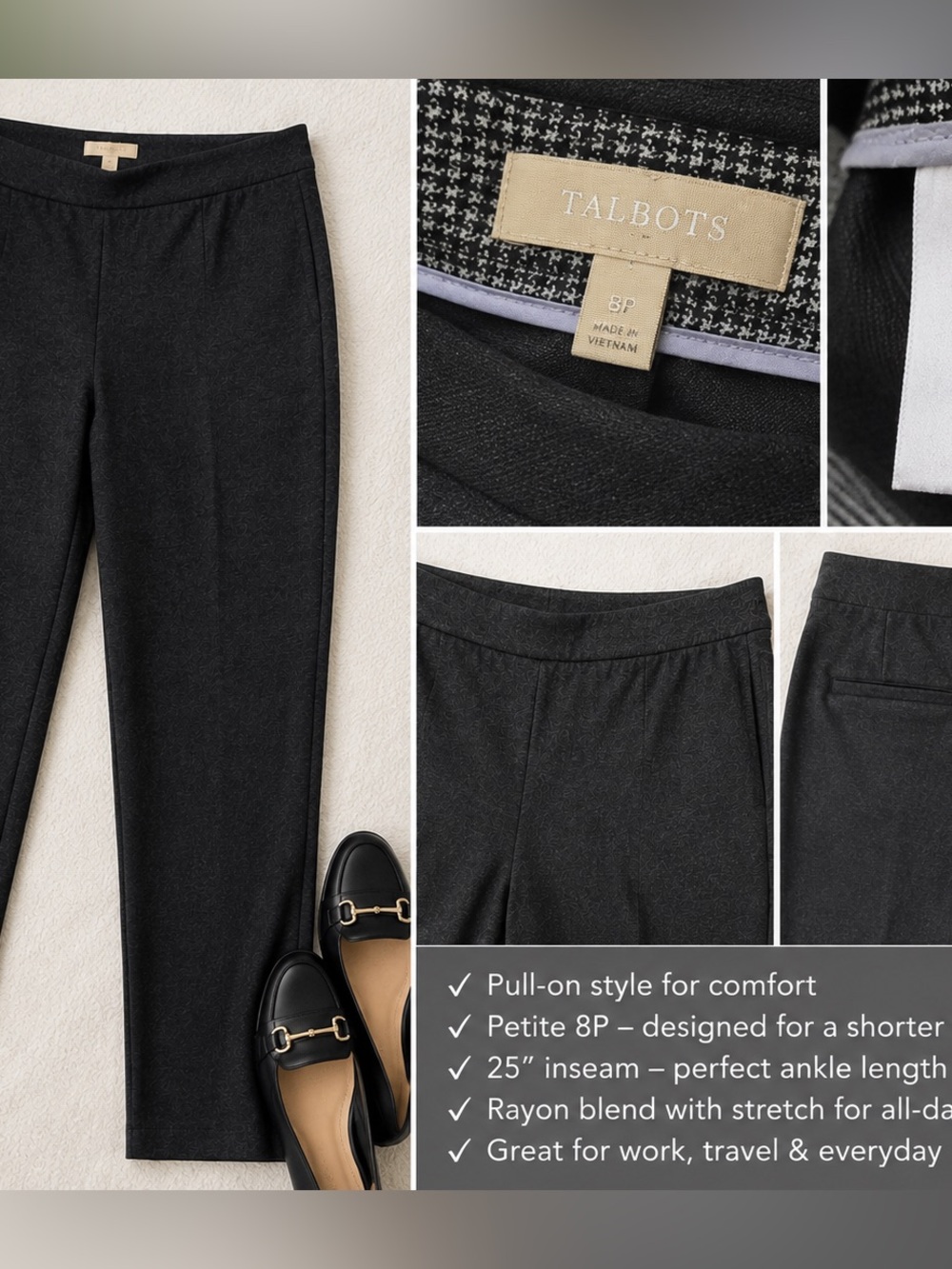 Talbots 8P Petite Charcoal Pull-On Ankle Pants Stretch Slim Career Workwear - Picture 4 of 7